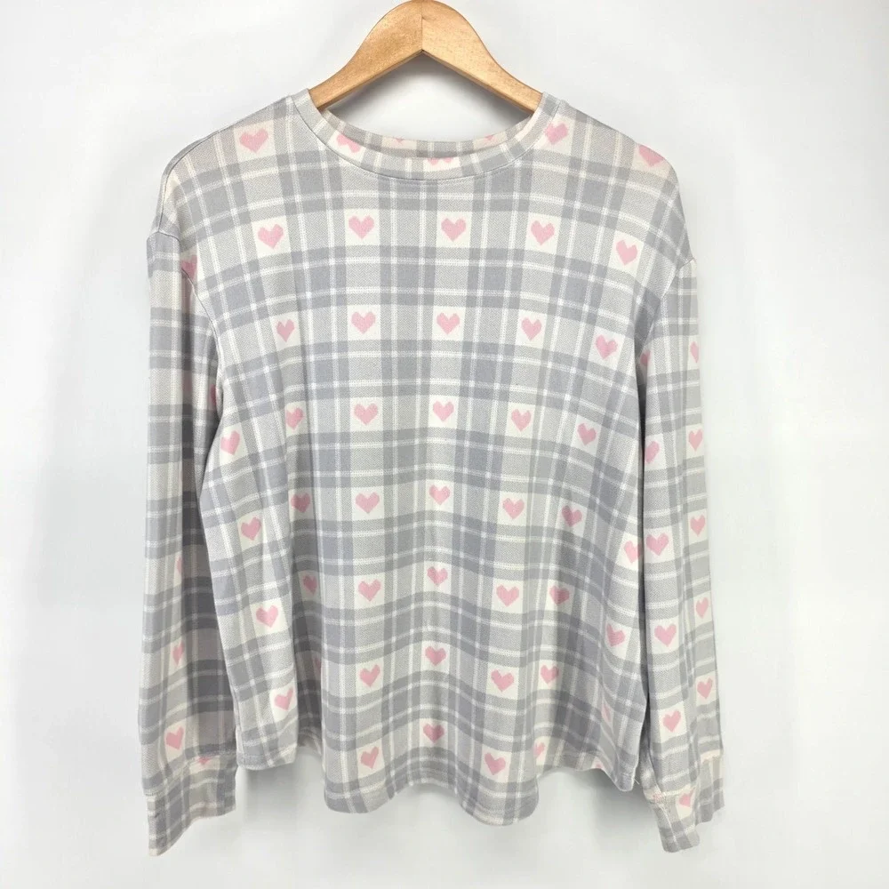 Loft Pajama Set Womens Large Gray Pink Heart Plaid Sleepwear Loungewear 2 Piece